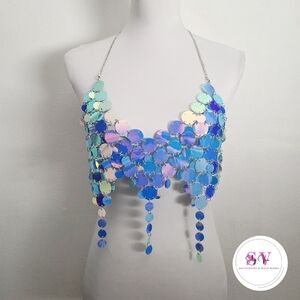 Iridescent sequin halter crop top with silver chain